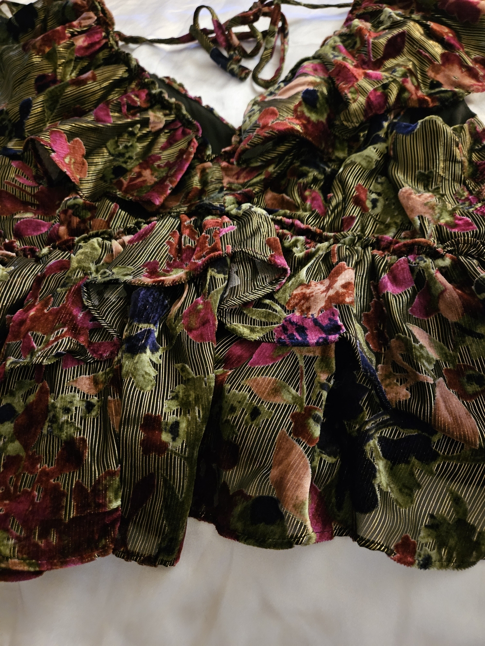 Floral Ruffled V-Neck Women’s Top in Olive Green - Picture 5 of 13